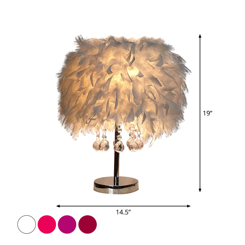 Feather Round Night Stand Lamp Light Contemporary 1-Bulb Red/Rosa/Purple Table Light con goccia di cristallo e base bianca/cromata