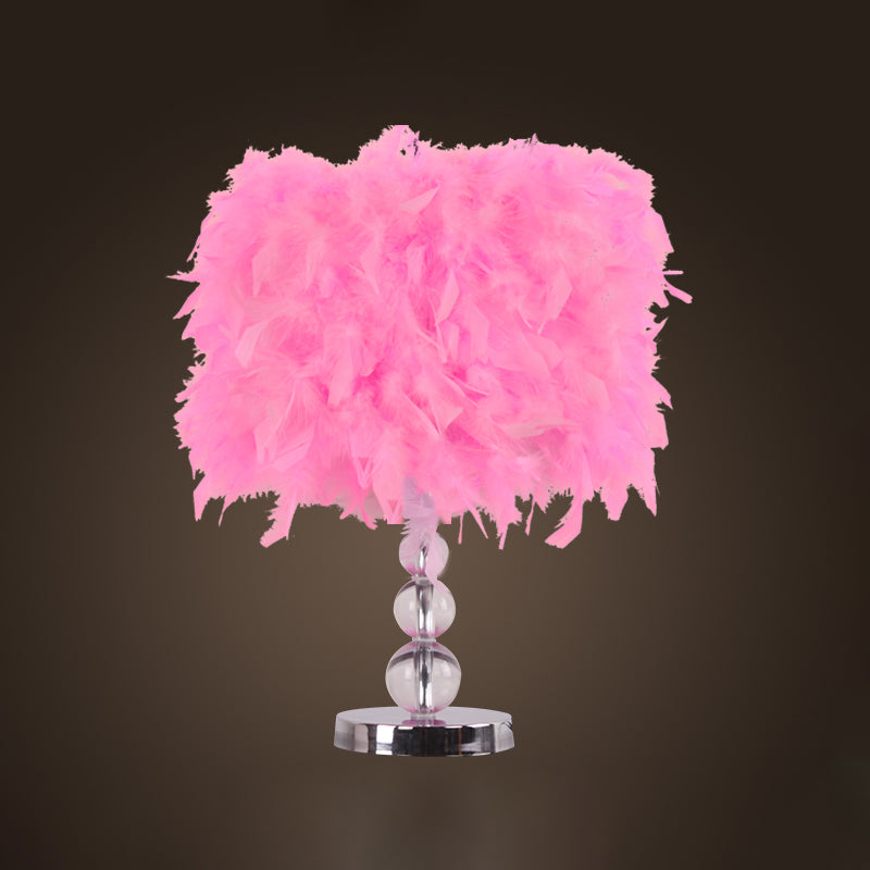 Minimalist Cylinder Night Light Feather 1 Head Bedroom Table Lamp in Red/Pink/Purple with Bubble Crystal Pedestal
