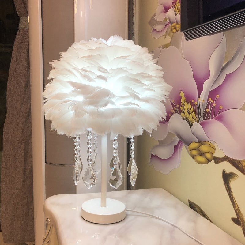 Hemisphere Feather Table Lamp Modern Single-Bulb Grey/White/Pink Night Light with Crystal Ball/Drop