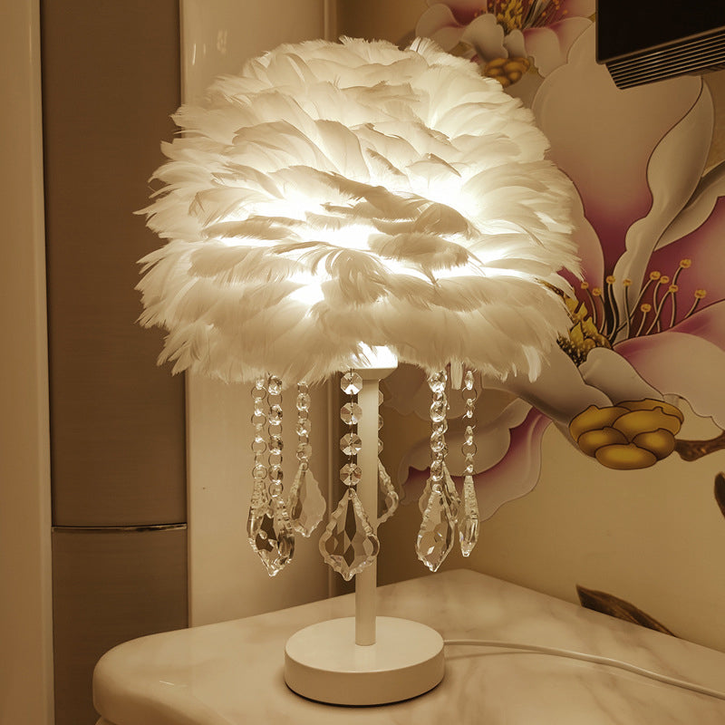 Hemisphere Feather Table Lamp Modern Single-Bulb Grey/White/Pink Night Light with Crystal Ball/Drop
