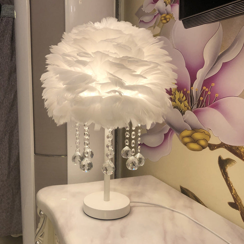 Hemisphere Feather Table Lamp Modern Single-Bulb Grey/White/Pink Night Light with Crystal Ball/Drop
