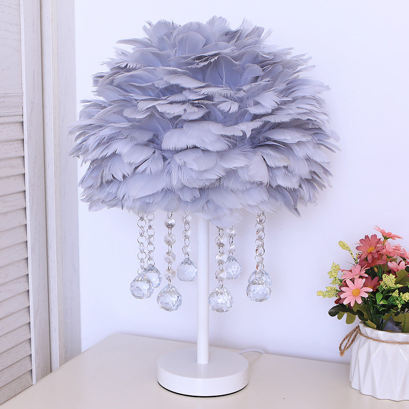 Hemisphere Feather Table Lamp Modern Single-Bulb Grey/White/Pink Night Light with Crystal Ball/Drop