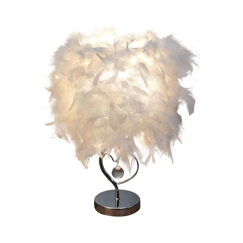 Lampada da tavolo nordica a forma di cuore amoroso con piume, 1 lampadina, lampada da tavolo decorata in cristallo in rosso/blu/bianco