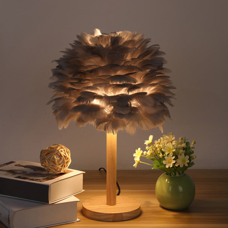 Dome Nightstand Light Nordic Feather Single Bedside Table Lamp in Pink/White/Grey with Wood Pole