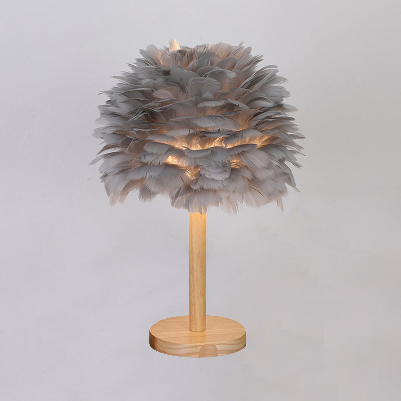 Dome Nightstand Light Nordic Feather Single Bedside Table Lamp in Pink/White/Grey with Wood Pole