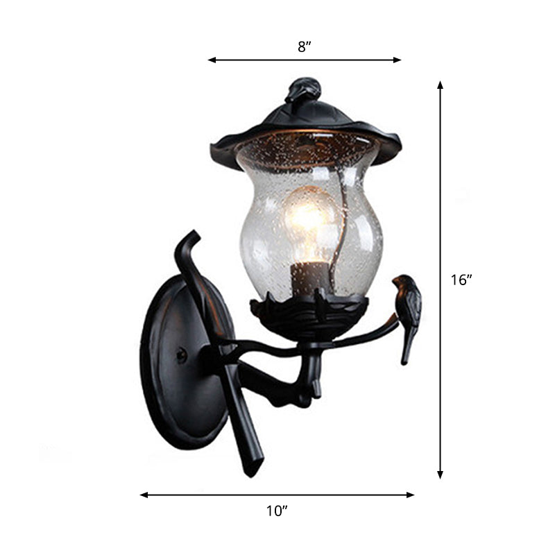 1-Light Seedy Glass Lantern Sconce Rustic Black Gourd Shaped Garden Wall Lamp with Bird Deco