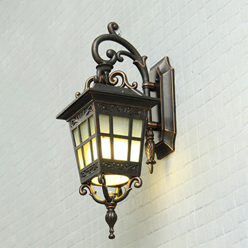 Vintage Lantern Sconce Light Single Frosted White Glass Outdoor Wall Mount with Scroll Arm in Black