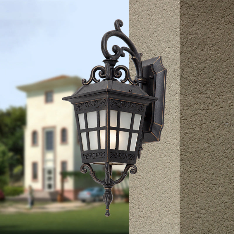 Vintage Lantern Sconce Light Single Frosted White Glass Outdoor Wall Mount with Scroll Arm in Black