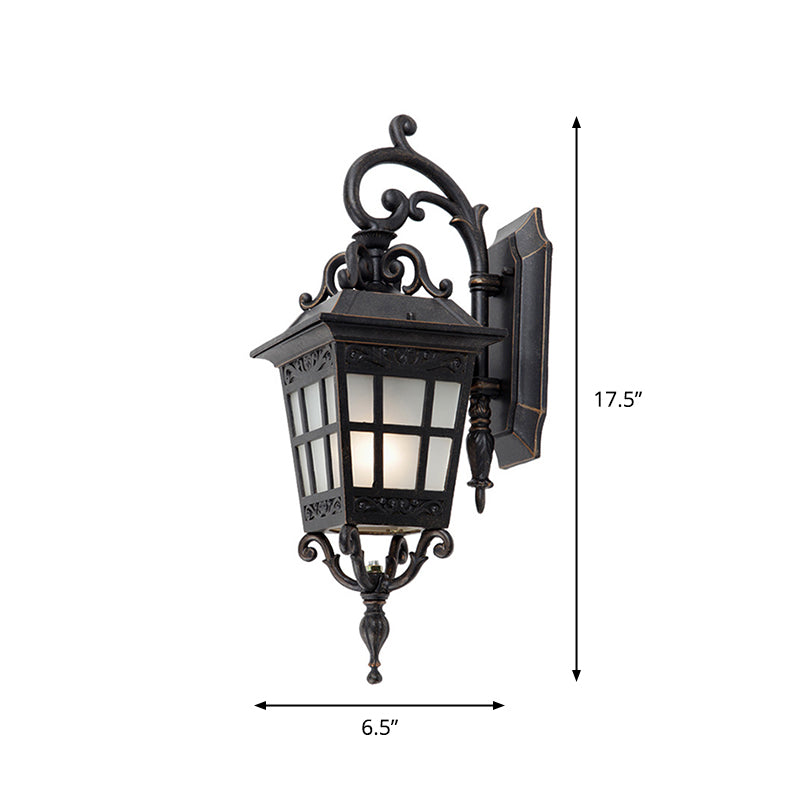 Vintage Lantern Sconce Light Single Frosted White Glass Outdoor Wall Mount with Scroll Arm in Black
