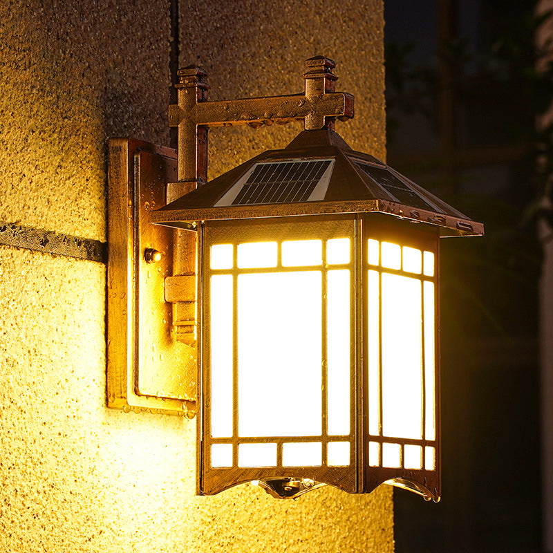 Solar Operated LED House Sconce Light Country Black/Brass Frosted Glass Wall Mounted Light Fixture