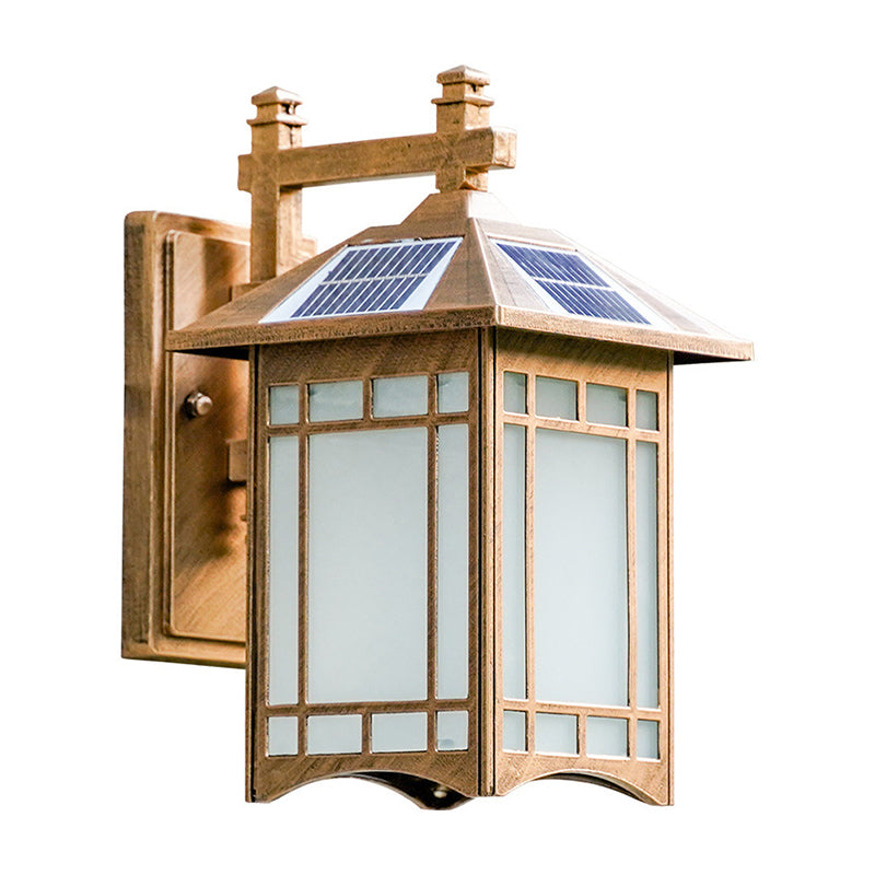 Solar Operated LED House Sconce Light Country Black/Brass Frosted Glass Wall Mounted Light Fixture