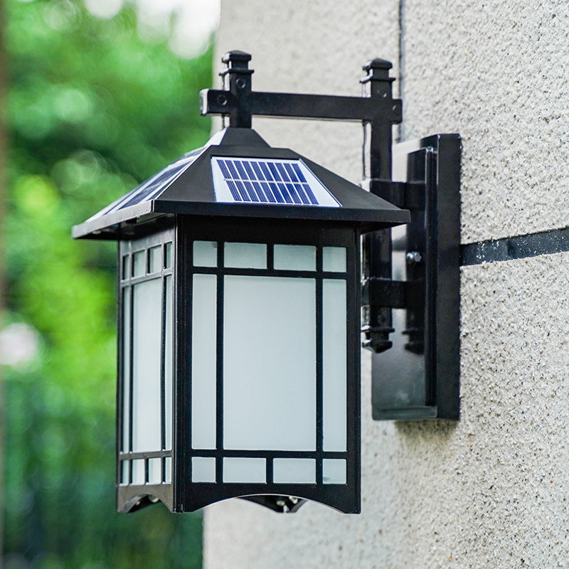 Solar Operated LED House Sconce Light Country Black/Brass Frosted Glass Wall Mounted Light Fixture
