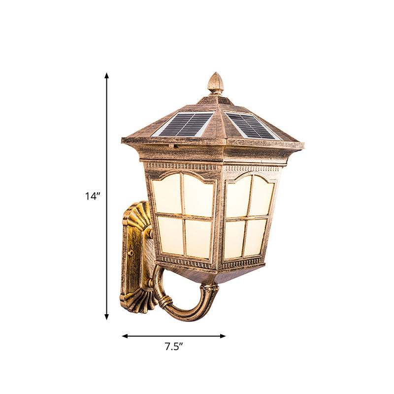 Antiqued Style House Lantern Wall Light Frosted Glass Solar LED Wall Sconce in Brass, Small/Large