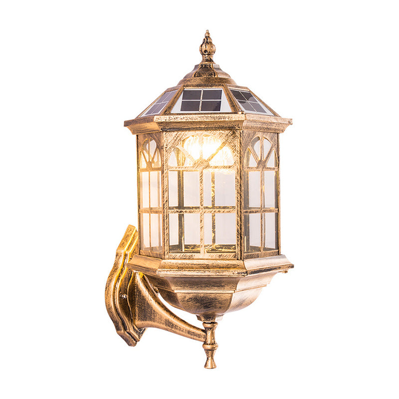 Clear Glass Black/Brass Solar Wall Lighting Faceted Traditional LED Lantern Wall Sconce for Outdoor