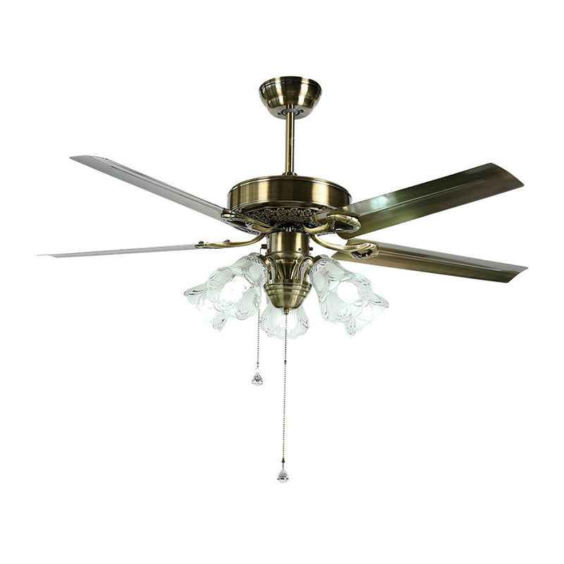 Fleur de verre givrée Semi Flush Rustique 52 "de large 3 lumières salle à manger suspendue au ventilateur de ventilateur, 3 lames
