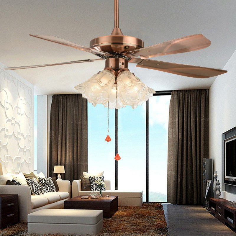 5-Light Pendant Fan Light Classic Living Room 5-Blade Semi Flush Mount Lighting with Floral Frosted Glass Shade, 42" Wide