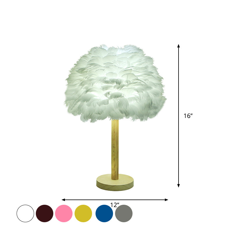 Feather Flower-Like Night Lamp Modern 1-Light Grey/Blue/Burgundy and Wood Table Light for Bedroom