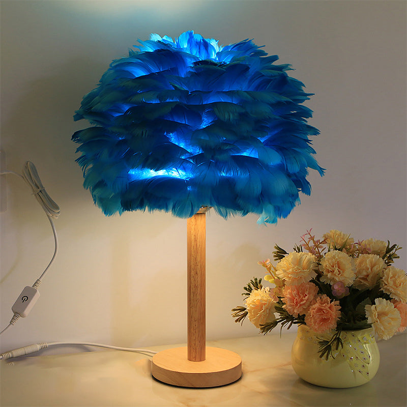 Feather Flower-Like Night Lamp Modern 1-Light Grey/Blue/Burgundy and Wood Table Light for Bedroom
