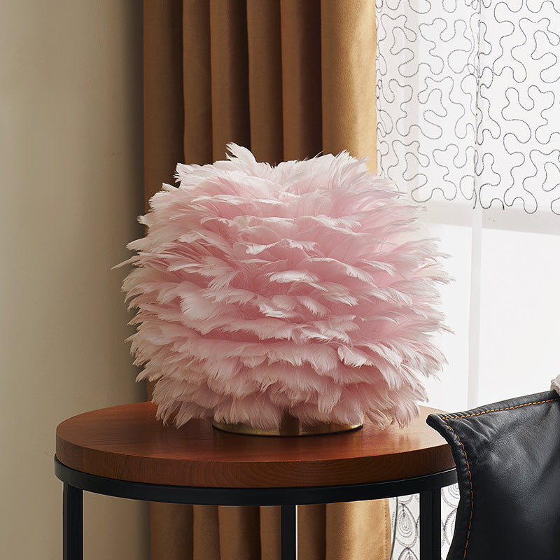 Lámpara de noche esférica gris/blanca/rosa Nordic Single Feather Table Light para sala de estar