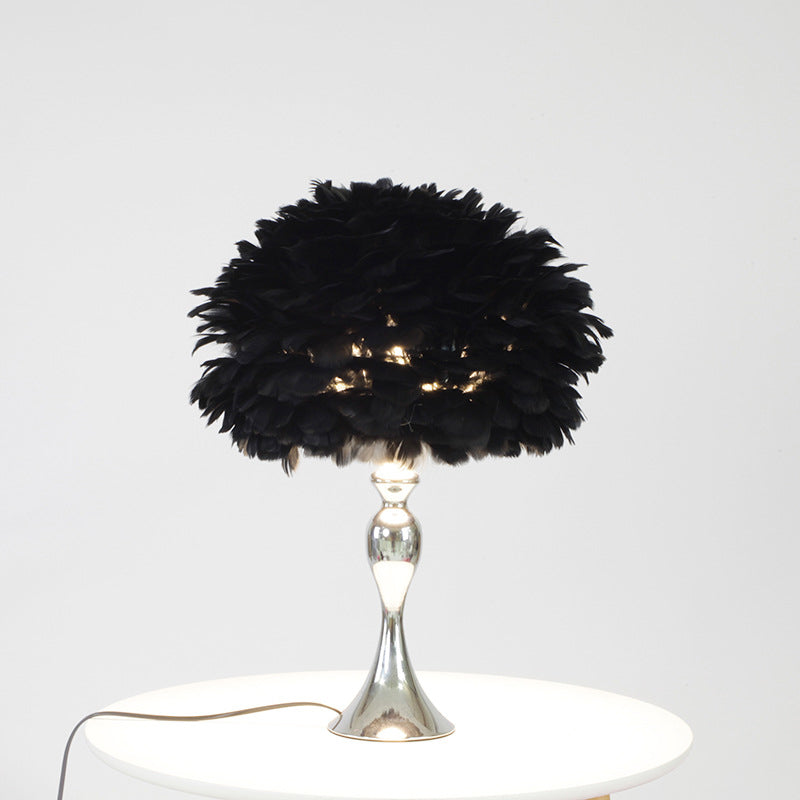 Black/Purple Dome Night Lamp Modern 1-Bulb Feather Table Light with Chrome Baluster Base