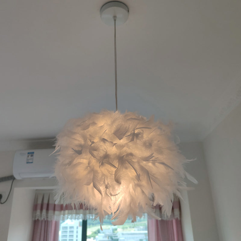 Hand-Worked Hemispherical Pendant Lamp Nordic Feather 1 Bulb White Hanging Light Kit, 11"/15"/19.5" W
