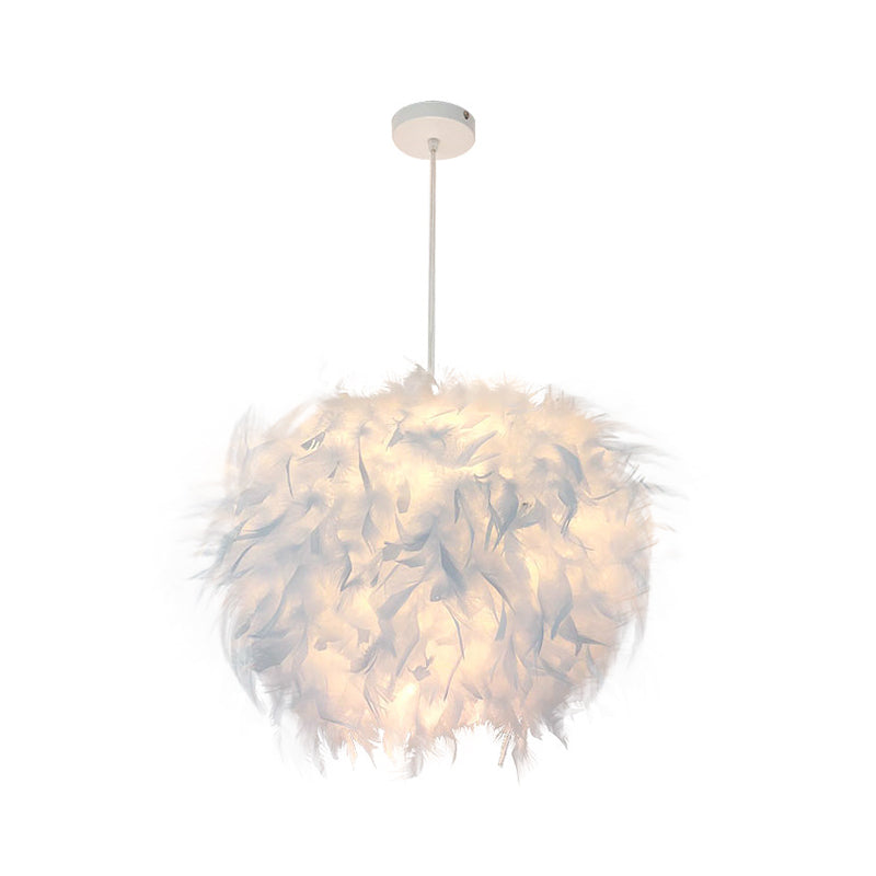 Hand-Worked Hemispherical Pendant Lamp Nordic Feather 1 Bulb White Hanging Light Kit, 11"/15"/19.5" W