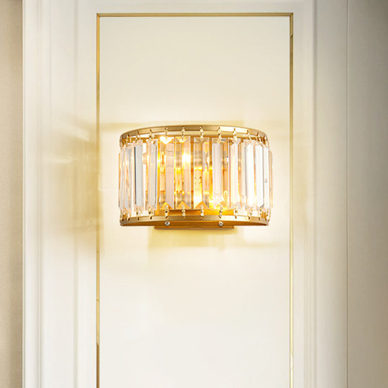 Postmodern 1 Head Wall Lamp Gold Cylindrical/Half-Drum Sconce Light with Prismatic Crystal Shade