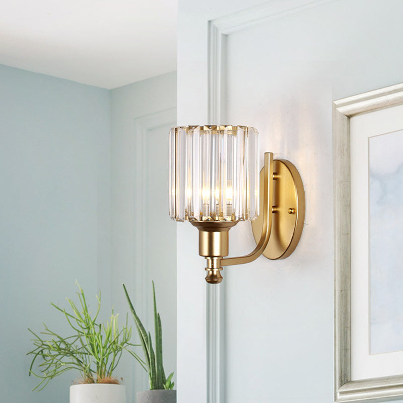 Postmodern 1 Head Wall Lamp Gold Cylindrical/Half-Drum Sconce Light with Prismatic Crystal Shade
