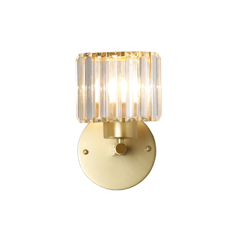 Postmodern 1 Head Wall Lamp Gold Cylindrical/Half-Drum Sconce Light with Prismatic Crystal Shade