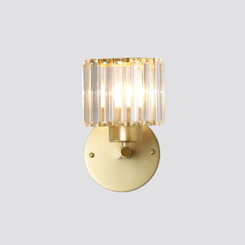 Postmodern 1 Head Wall Lamp Gold Cylindrical/Half-Drum Sconce Light with Prismatic Crystal Shade