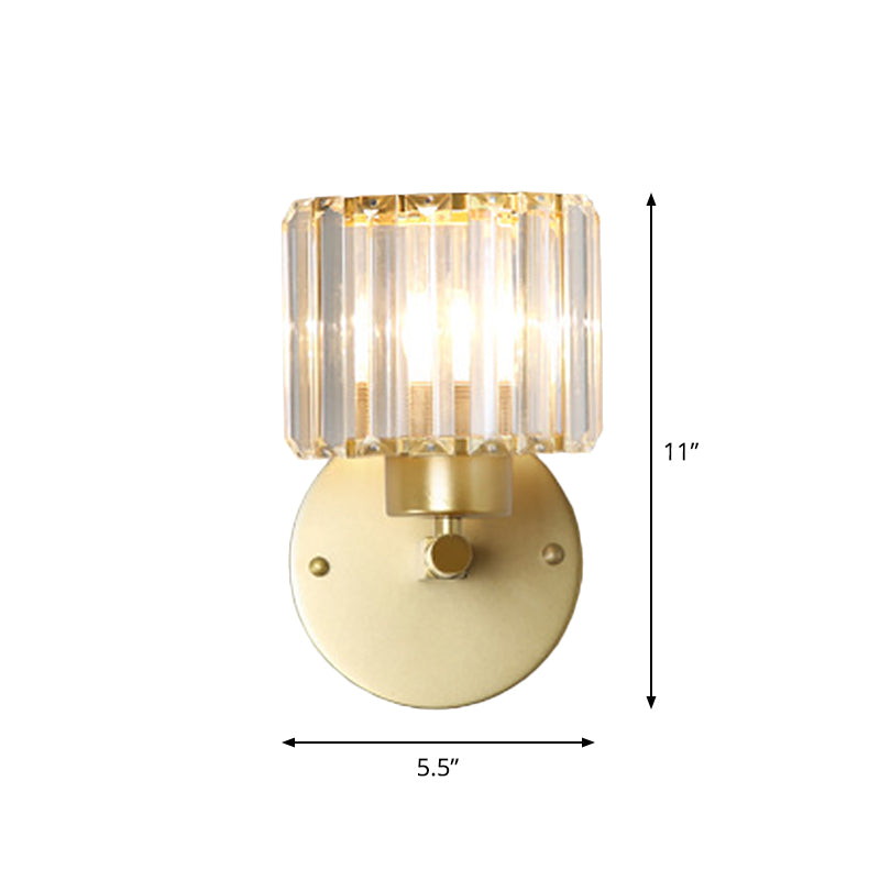 Postmodern 1 Head Wall Lamp Gold Cylindrical/Half-Drum Sconce Light with Prismatic Crystal Shade