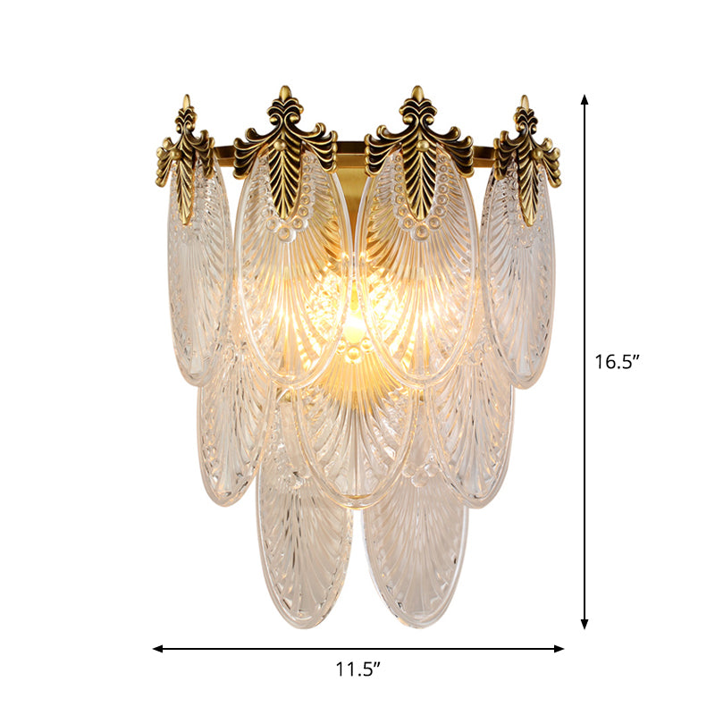 Layered Wall Mounted Lamp Postmodern Carved Oval Glass 2-Bulb Gold Sconce Light Fixture