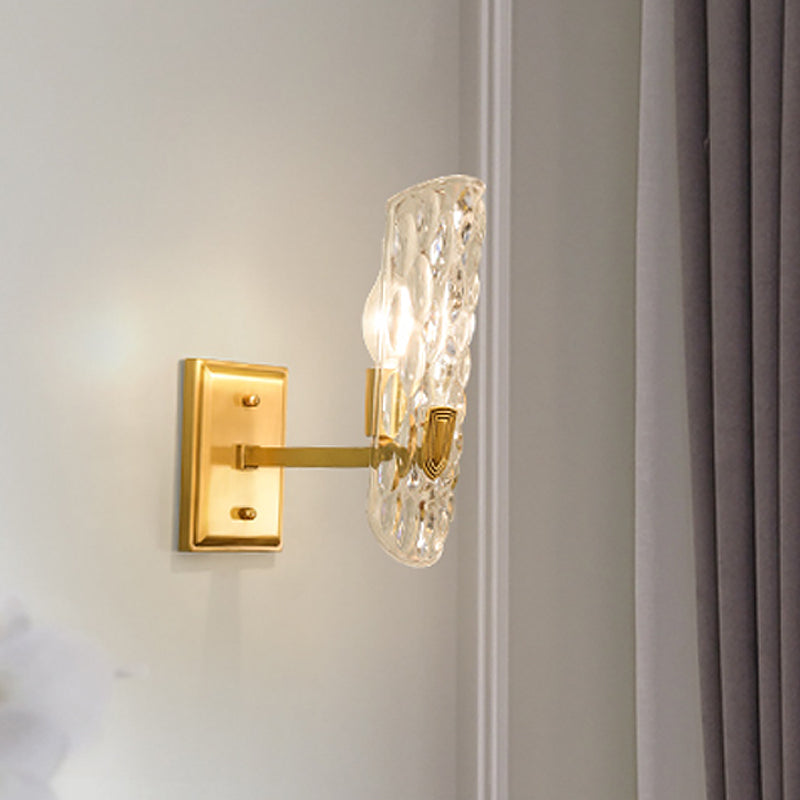 Curved Wall Mounted Light Postmodern Clear Hammered Glass Single Gold Wall Lamp for Foyer