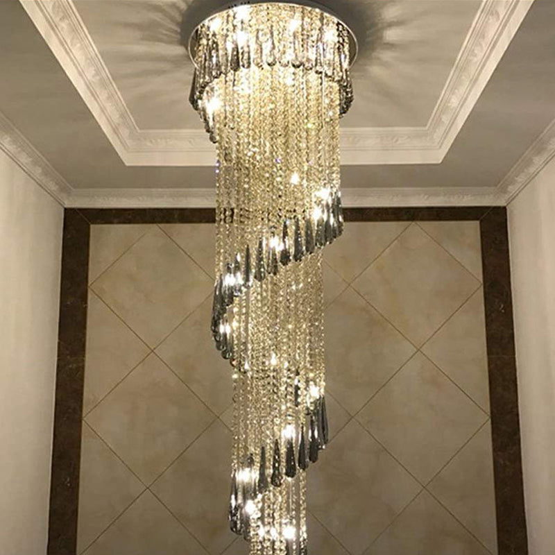 Modern Spiral LED Ceiling Light Draping Crystal Living Room Multi-Light Pendant in Stainless Steel