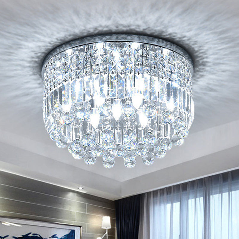 Nickel Round Flush Mount Light Modern 9-Bulb Clear Cut Crystal Ceiling Light Fixture