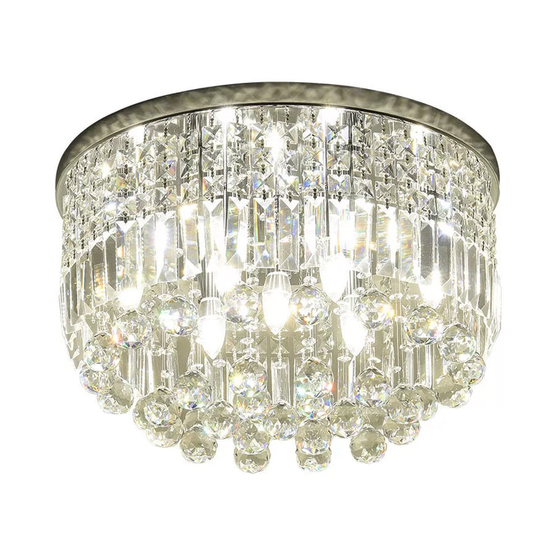 Nickel Round Flush Mount Light Modern 9-Bulb Clear Cut Crystal Ceiling Light Fixture