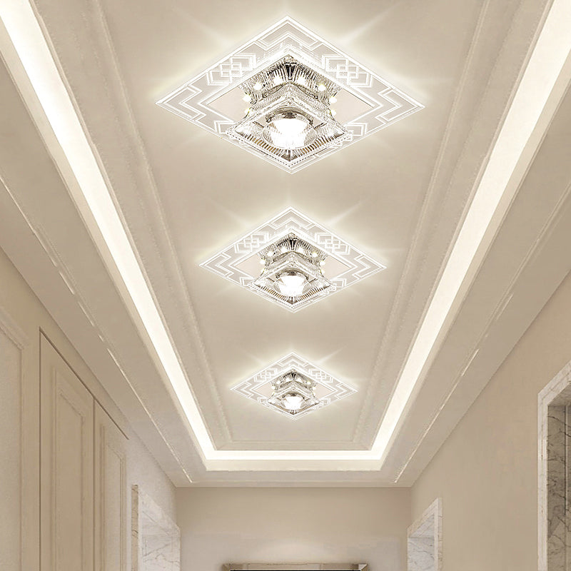 Trapezoid Shaped Clear Crystal Ceiling Lamp Contemporary LED Chrome Flush Mount Light for Corridor