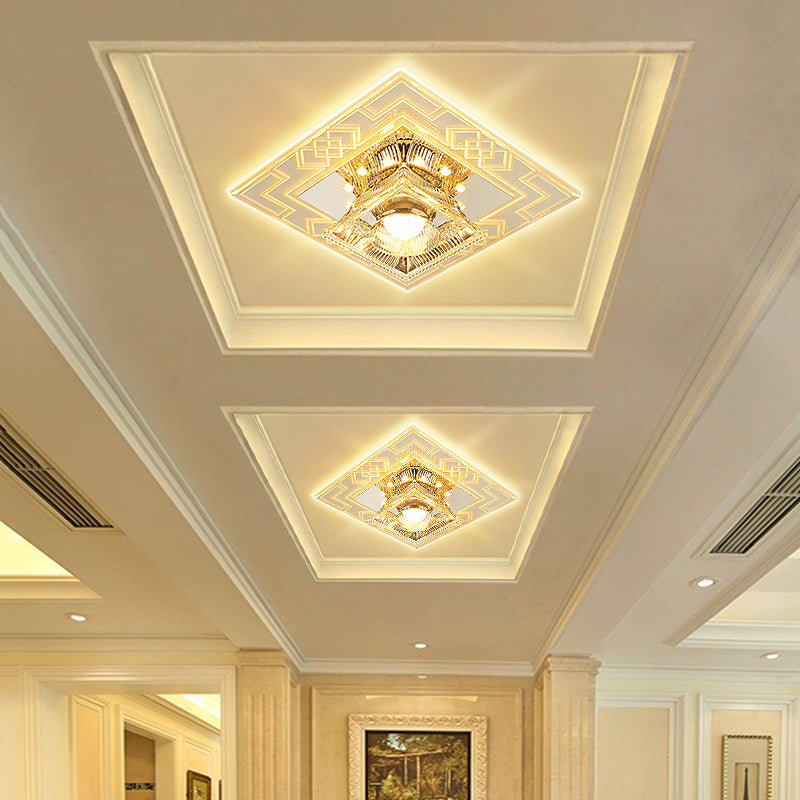 Trapezoid Shaped Clear Crystal Ceiling Lamp Contemporary LED Chrome Flush Mount Light for Corridor