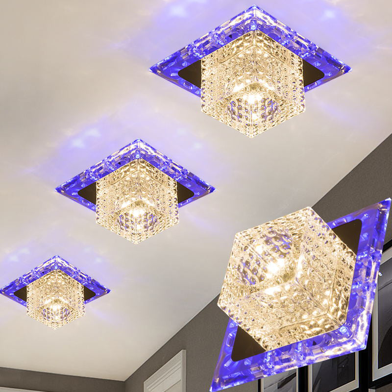 Portico a LED con montaggio a incasso Semplice soffitto cromato a filo con paralume in cristallo sfaccettato a cubo