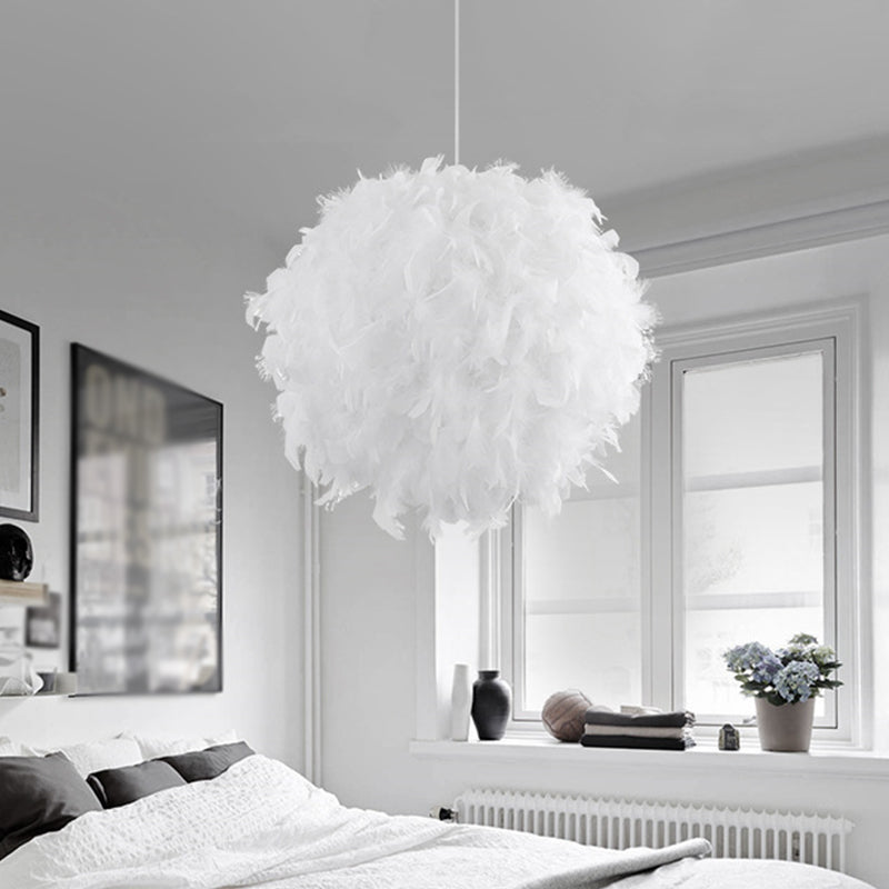12"/14"/16" Wide Sphere Drop Pendant Modern Feather 1 Head Bedroom Hanging Ceiling Light in White/Pink/Rose Red