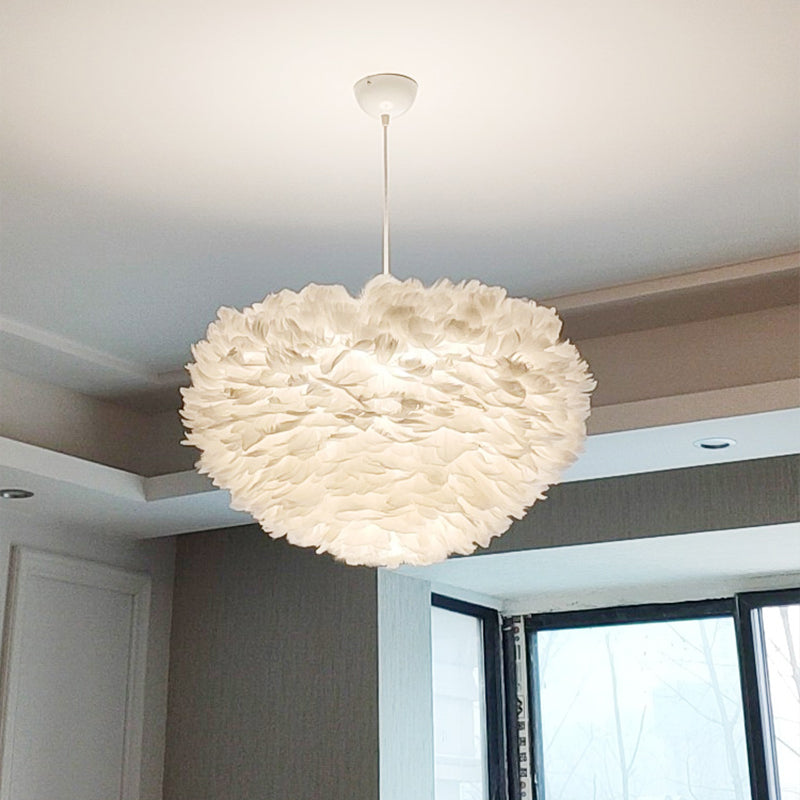 White Dome Suspension Pendant Minimalist 1 Bulb Feather Ceiling Hang Light for Girls Bedroom