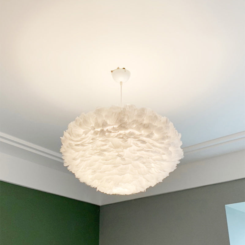 White Dome Suspension Pendant Minimalist 1 Bulb Feather Ceiling Hang Light for Girls Bedroom