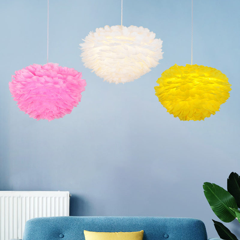 Domed Pendant Light Fixture Simple Feather Single White Ceiling Suspension Lamp for Dining Room, 12"/16" W
