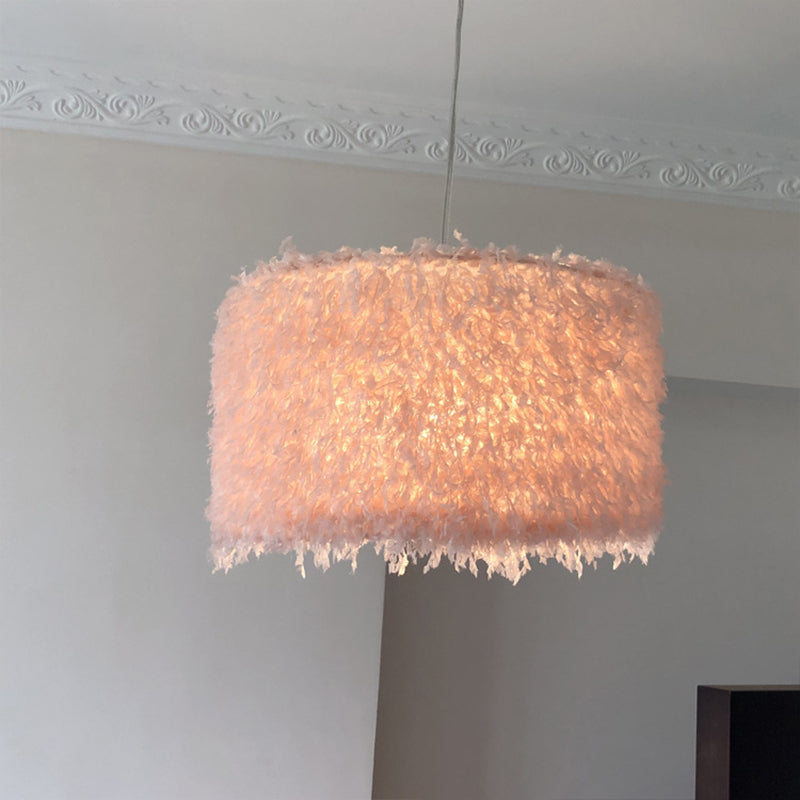Lampada a sospensione del soffitto a 1 lampadina Nordica Pendente cilindrica/drum a goccia con ombra di piuma, 5,5 "/8"/14 "W