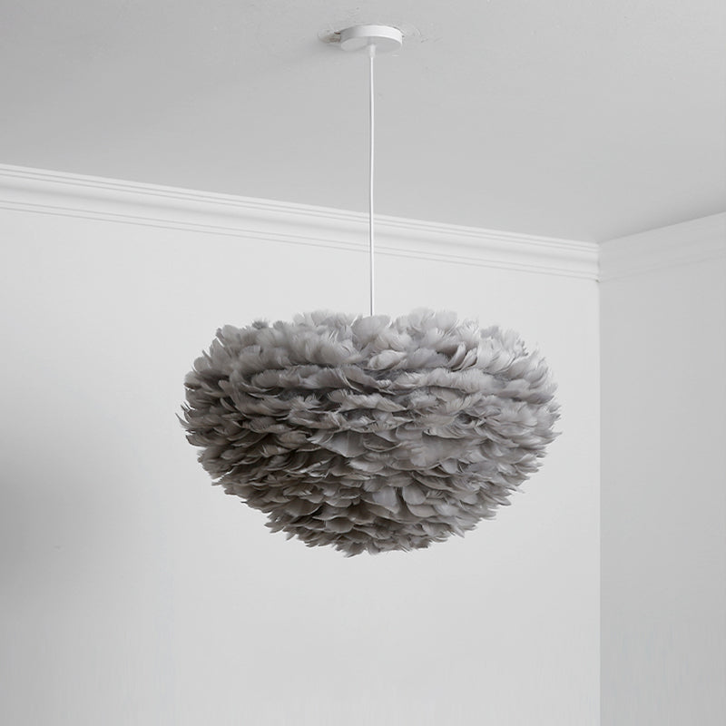 Plume de pendentif en lustre à chambre à coucher 19,5 "/23,5" large 5 ampoules simples de suspension simple en gris / blanc / rose