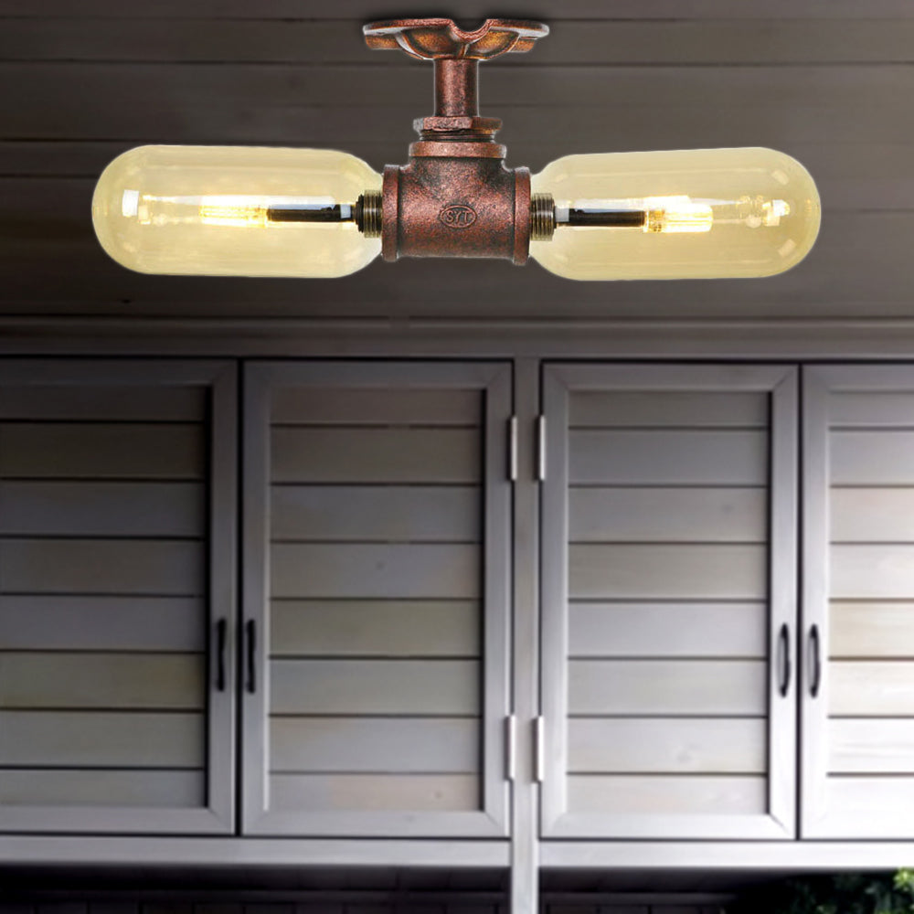 Oval Shade Amber Glass Semi Mount Lighting Rustic Style 2 Bulbs Kitchen Ceiling Light in Weathered Copper with Pipe Design