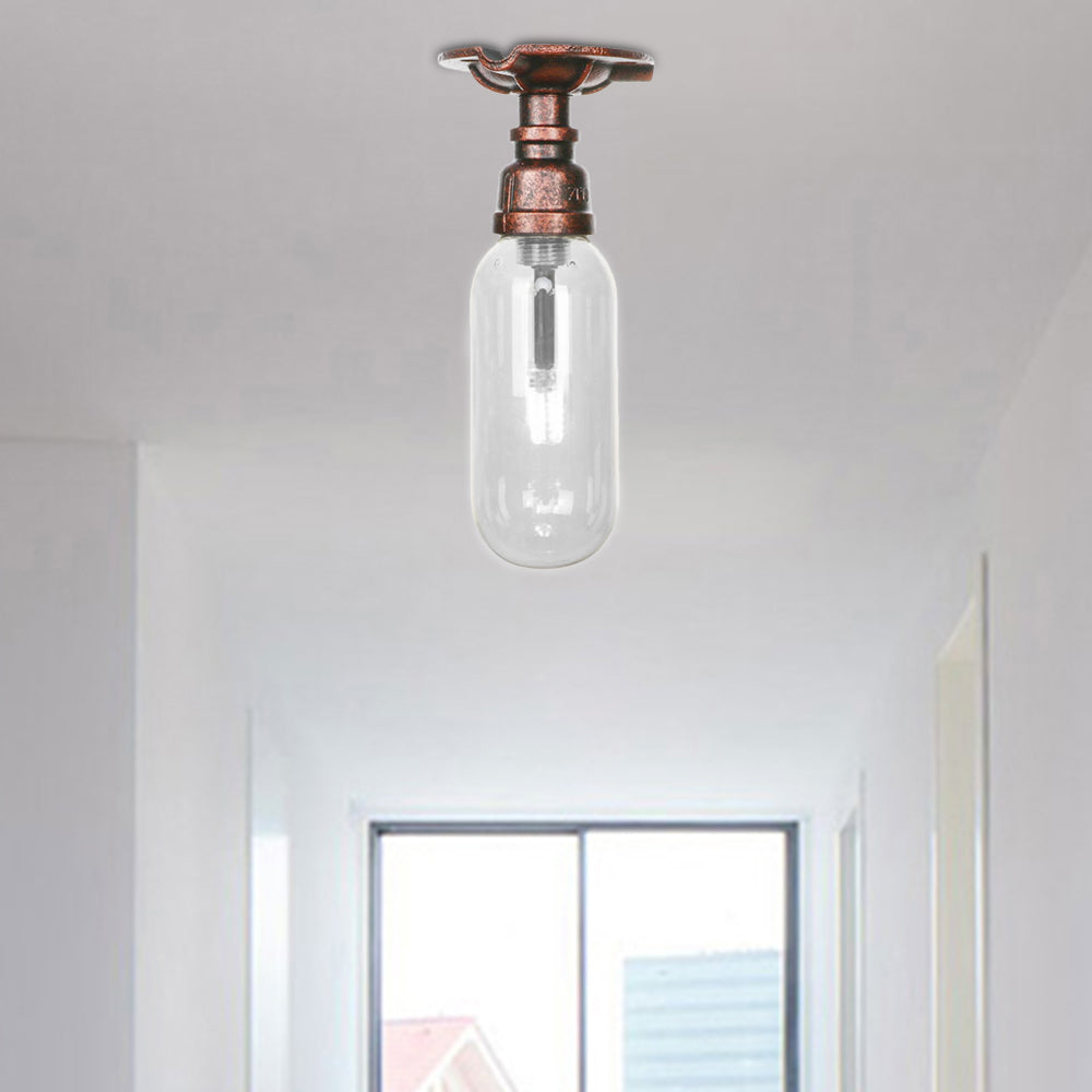1 Light Ceiling Light Fixture Oval Shade Clear Glass Industrial Bathroom Semi Flush in Weathered Copper with Pipe Design