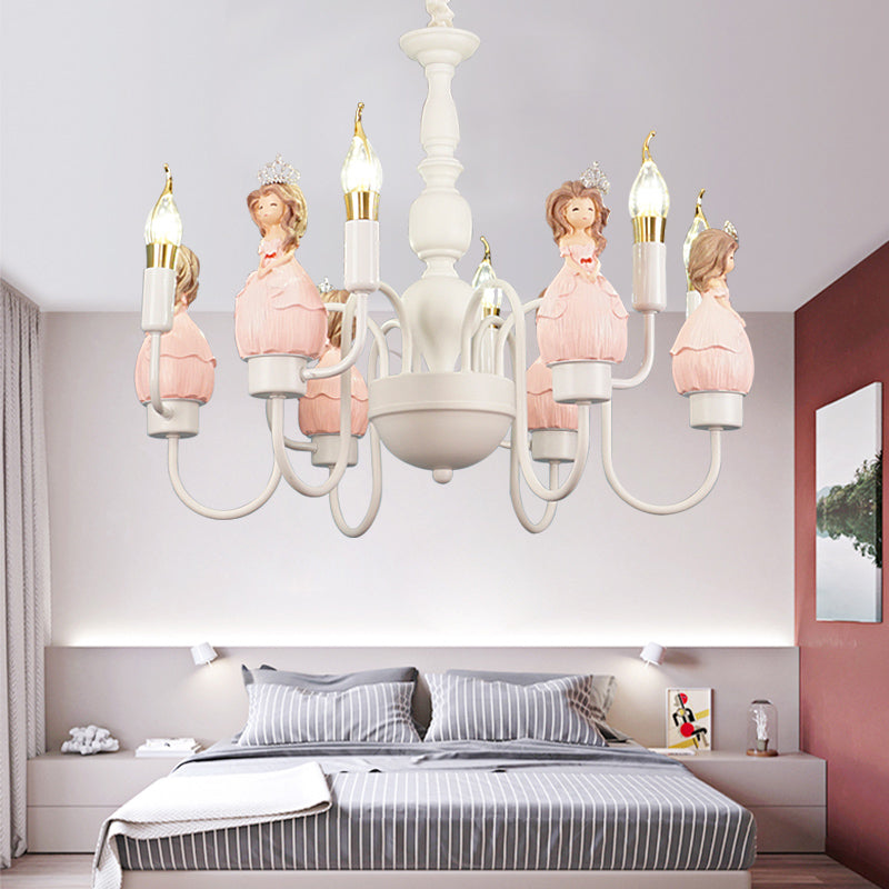 Cartoon Candle Hanging Ceiling Lamp with Princess Metal Pink Hanging Chandelier for Girl's Room