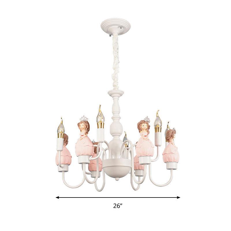 Cartoon Candle Hanging Ceiling Lamp with Princess Metal Pink Hanging Chandelier for Girl's Room