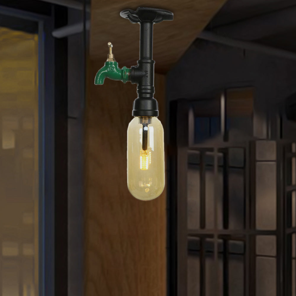 1 Light Capsuled Shade Semi Flush Light Industrial Black Amber Glass Ceiling Mount with Pipe Design